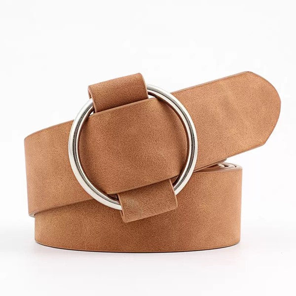 Stylish camel belt featuring silver O-ring buckle
