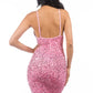 Back view of a sleeveless pink sequin bodycon dress, highlighting the fitted silhouette.
