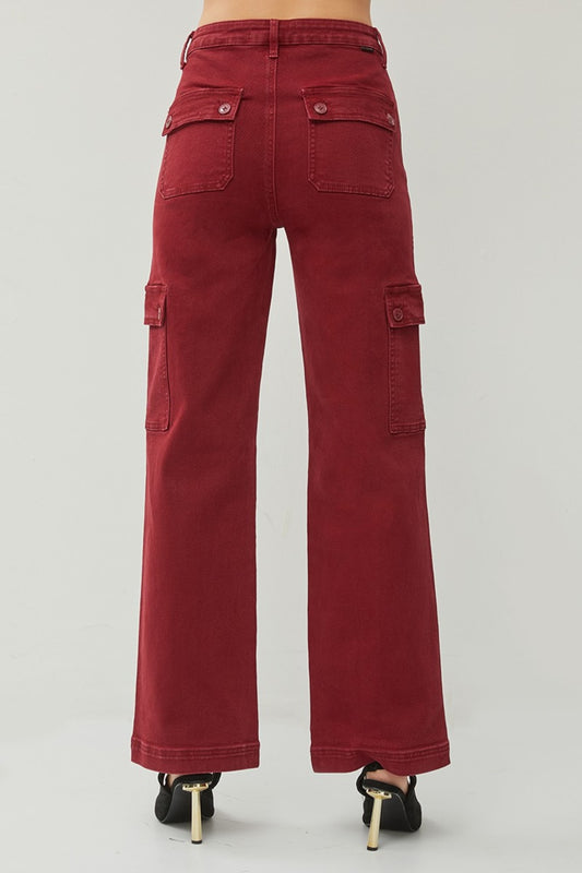 Back view of High Rise RISEN Wide Leg Cargo Jeans in a bold red color featuring stylish cargo pockets.
