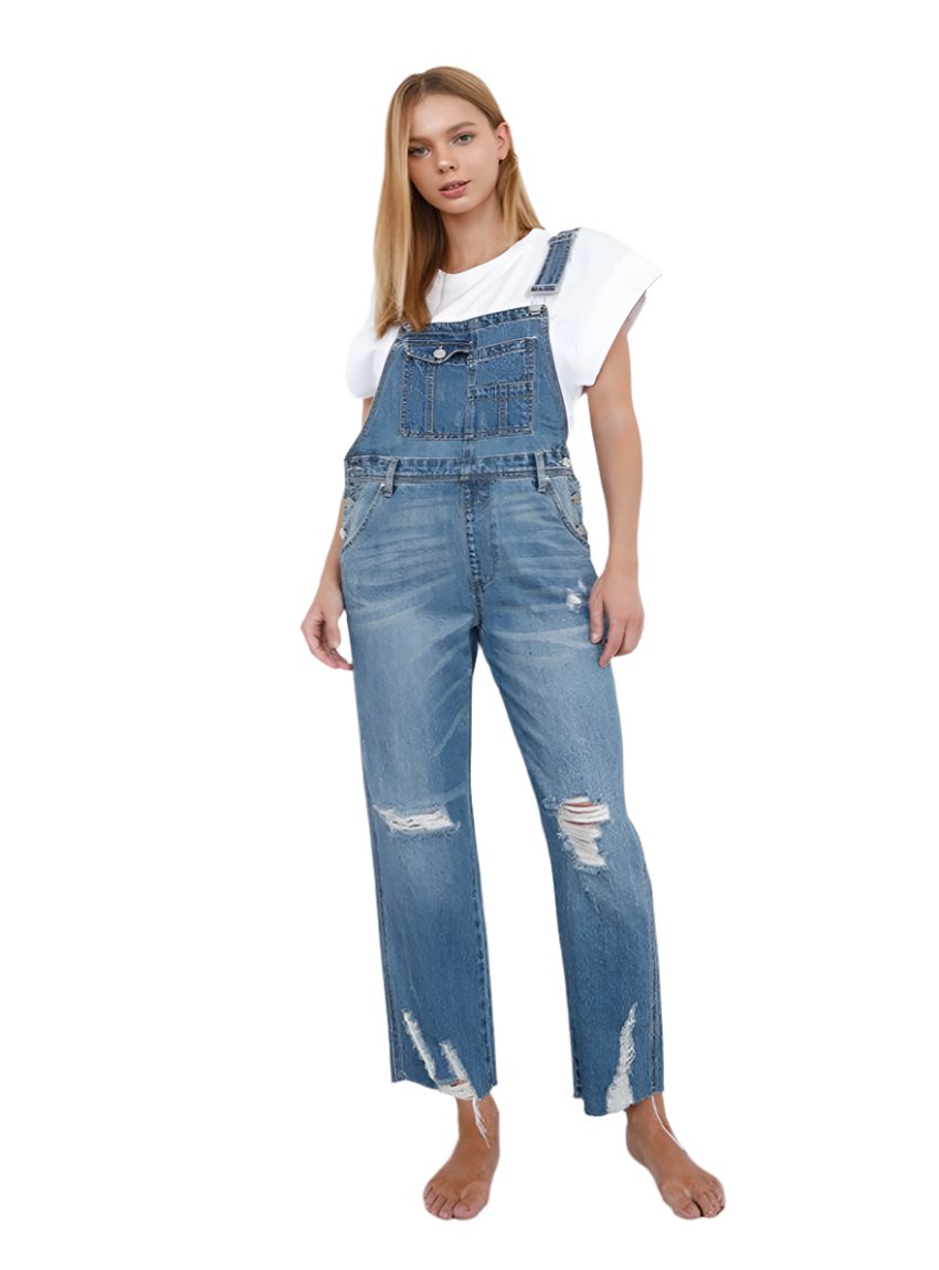 Front view of Slim Straight Denim Overalls in medium-wash with a casual fit.
