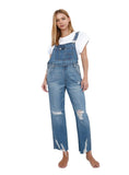 Front view of Slim Straight Denim Overalls in medium-wash with a casual fit.
