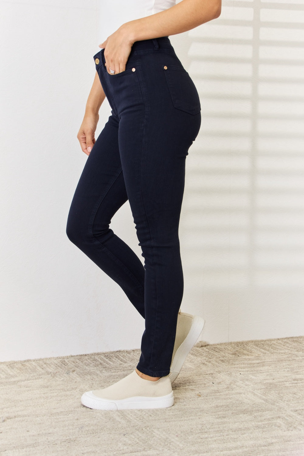 Stylish navy jeans with supportive tummy panel

