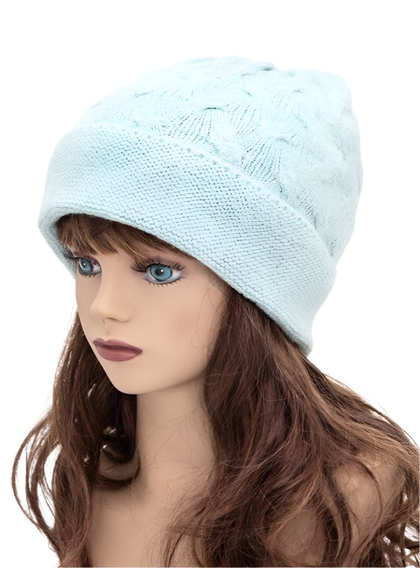 Classic turquoise cable knit beanie with relaxed slouchy style

