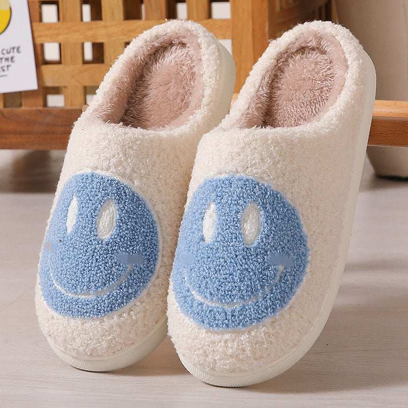 Blue smiley face pattern cotton slippers, soft and warm for home
