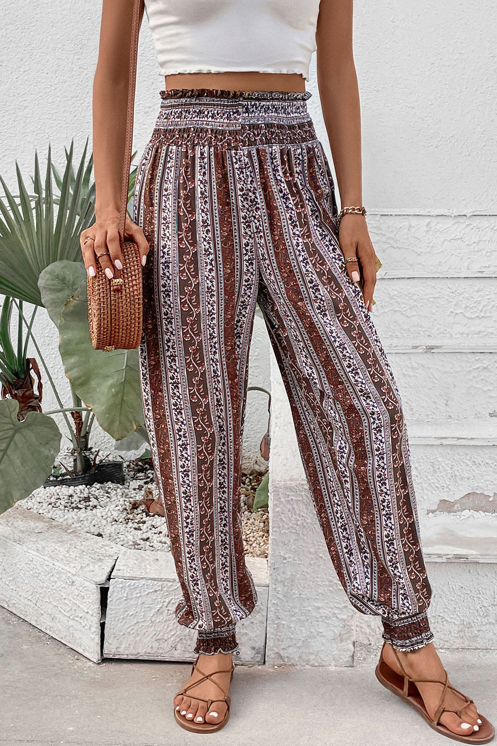 Smocked waistband striped boho pants for women, perfect for casual outings.