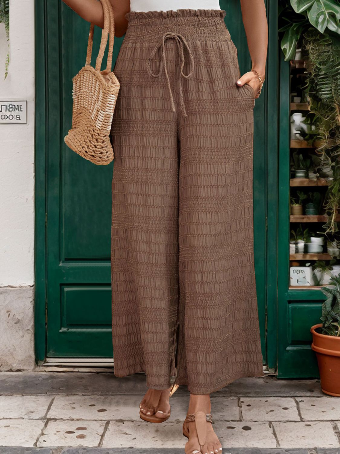 Brown smocked wide-leg pants for comfortable style