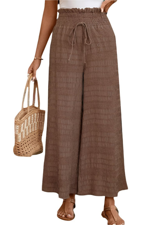 Brown wide-leg pants with a smocked waist for women
