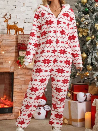 festive snowflake print fleece jumpsuit with hood
