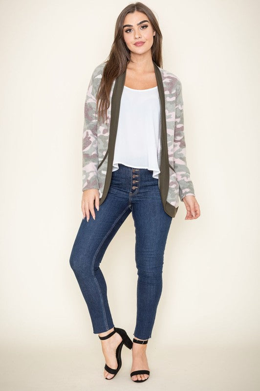 Stylish olive camo cardigan with a relaxed fit for everyday wear.