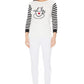 White sweater with striped sleeves and an adorable cat motif, great for everyday style.
