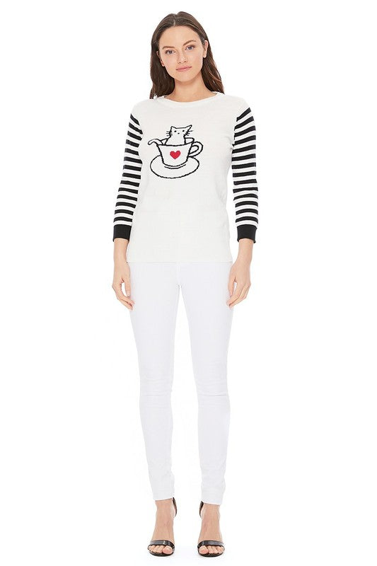 White sweater with striped sleeves and an adorable cat motif, great for everyday style.
