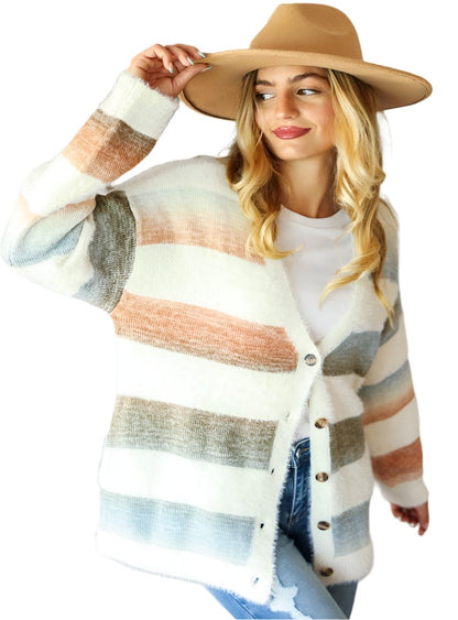 soft fuzzy striped cardigan with button-down front in earthy tones
