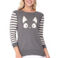 Cozy gray pullover featuring a cute cat face and bold striped sleeves.
