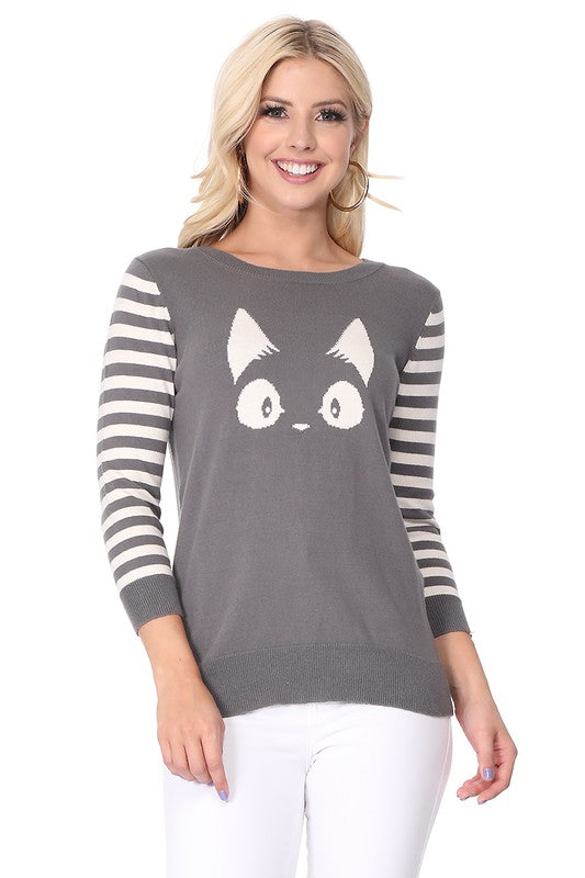 Cozy gray pullover featuring a cute cat face and bold striped sleeves.
