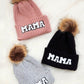 Mama-themed winter beanie with chenille lettering and trendy pom detail
