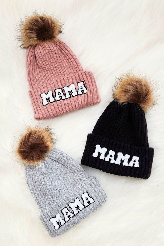 Mama-themed winter beanie with chenille lettering and trendy pom detail
