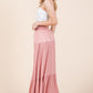 Boho-chic maxi skirt in rayon with lace detailing and ruffles.