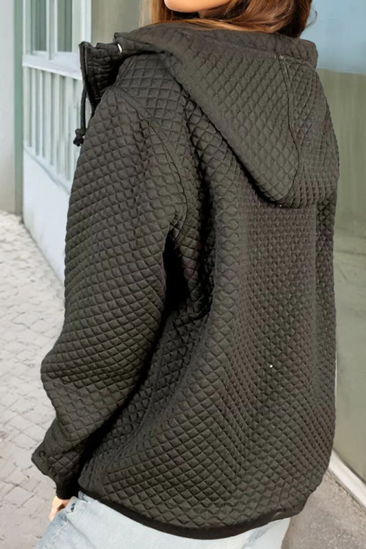 Stylish black jacket with a drawstring hood and quilted texture.
