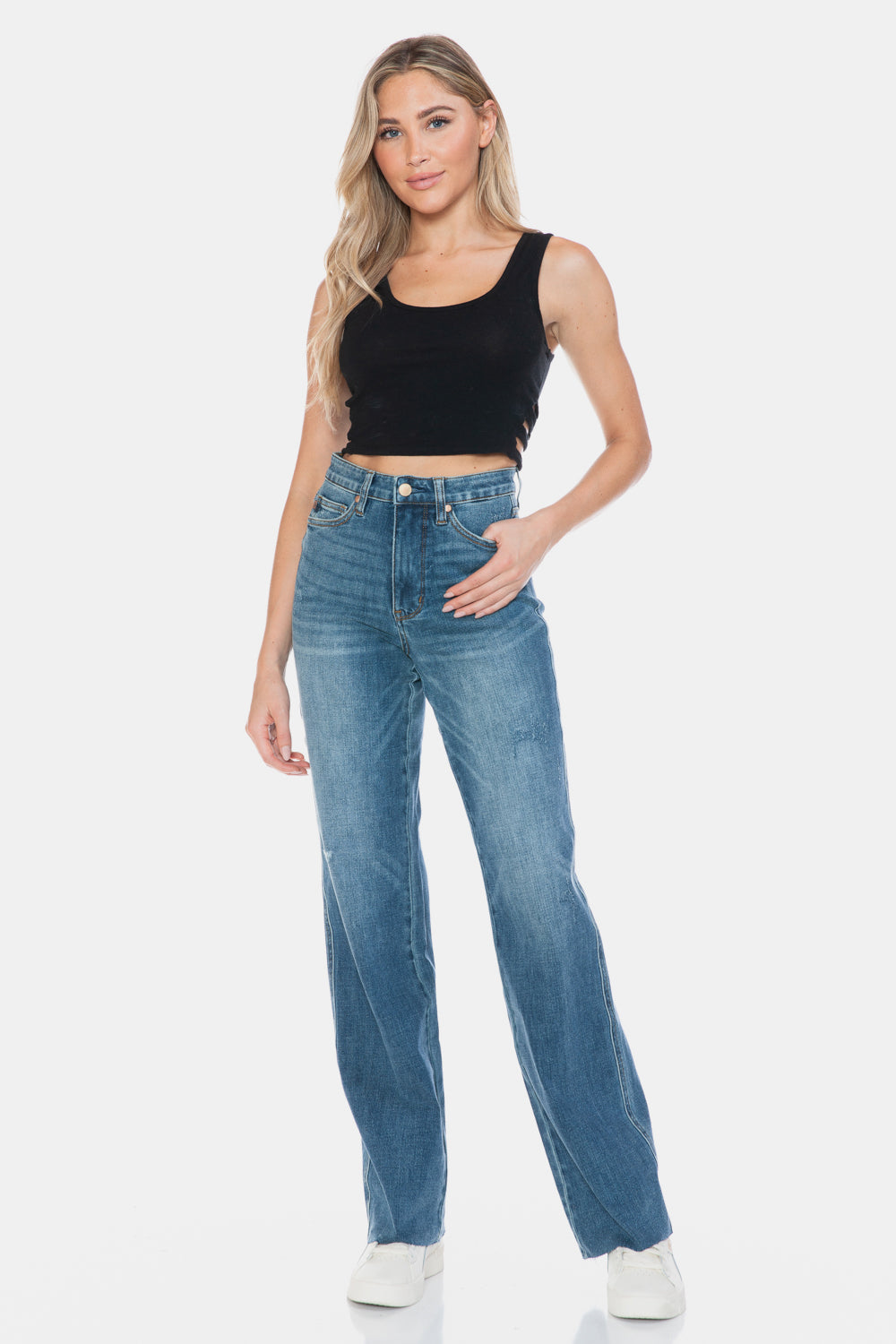 Raw hem detail on trendy tummy control jeans.
