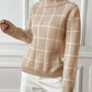 Tan plaid turtleneck sweater for casual fall and winter outfits