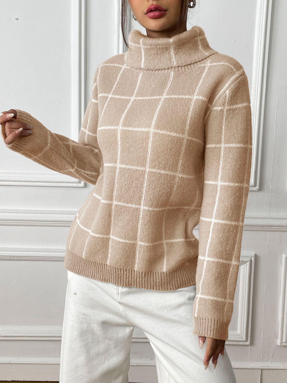 Tan plaid turtleneck sweater for casual fall and winter outfits