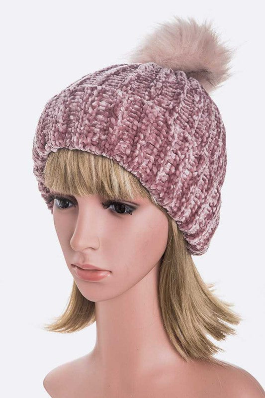 Soft mauve chenille beanie with textured ribbing and faux fur pom detail

