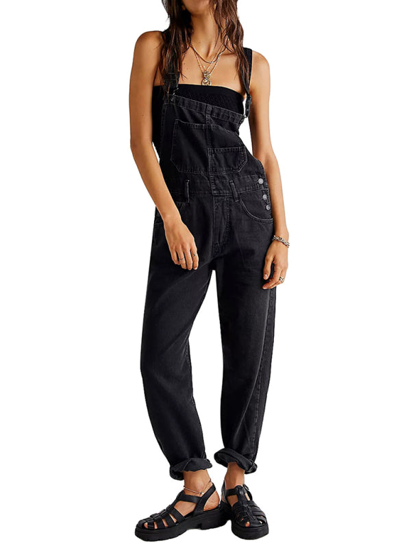 Black woven overalls featuring functional welt pockets for women.