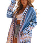 Front view of Southwestern blue tribal print cardigan with geometric details
