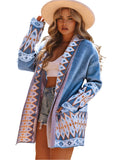 Front view of Southwestern blue tribal print cardigan with geometric details
