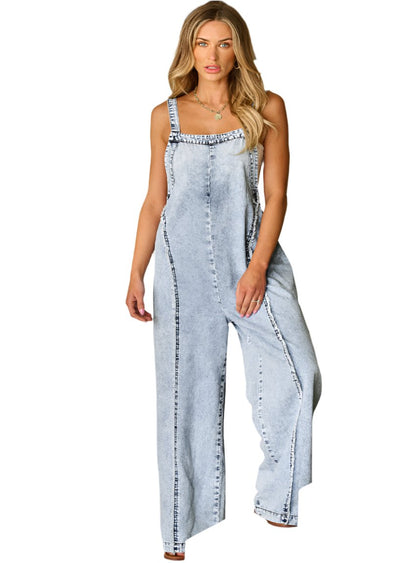 Front view of Square Neck Wide Strap Denim Overalls with acid-wash finish.
