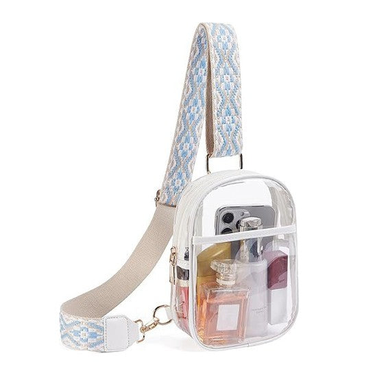 Front view of Noelle Clear Stadium Sling Bag in white with gold hardware and adjustable strap.
