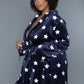 Soft plush navy robe with a playful star pattern, featuring front pockets and a tie closure.
