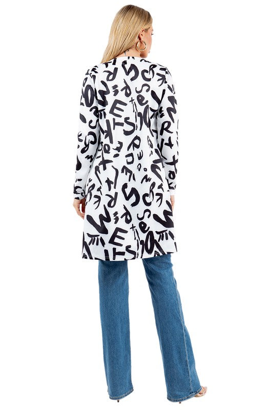 Long graphic print jacket for women, available in sizes S-3XL
