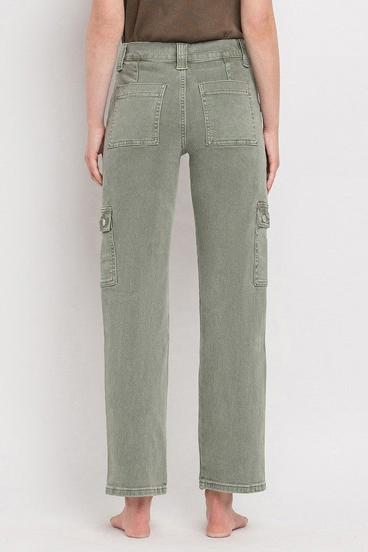 Women’s VERVET cargo jeans with multiple pockets in soft olive green.
