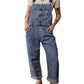 Front view of straight leg denim bib overalls
