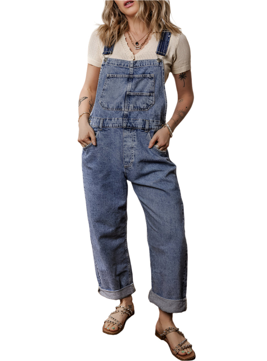 Front view of straight leg denim bib overalls
