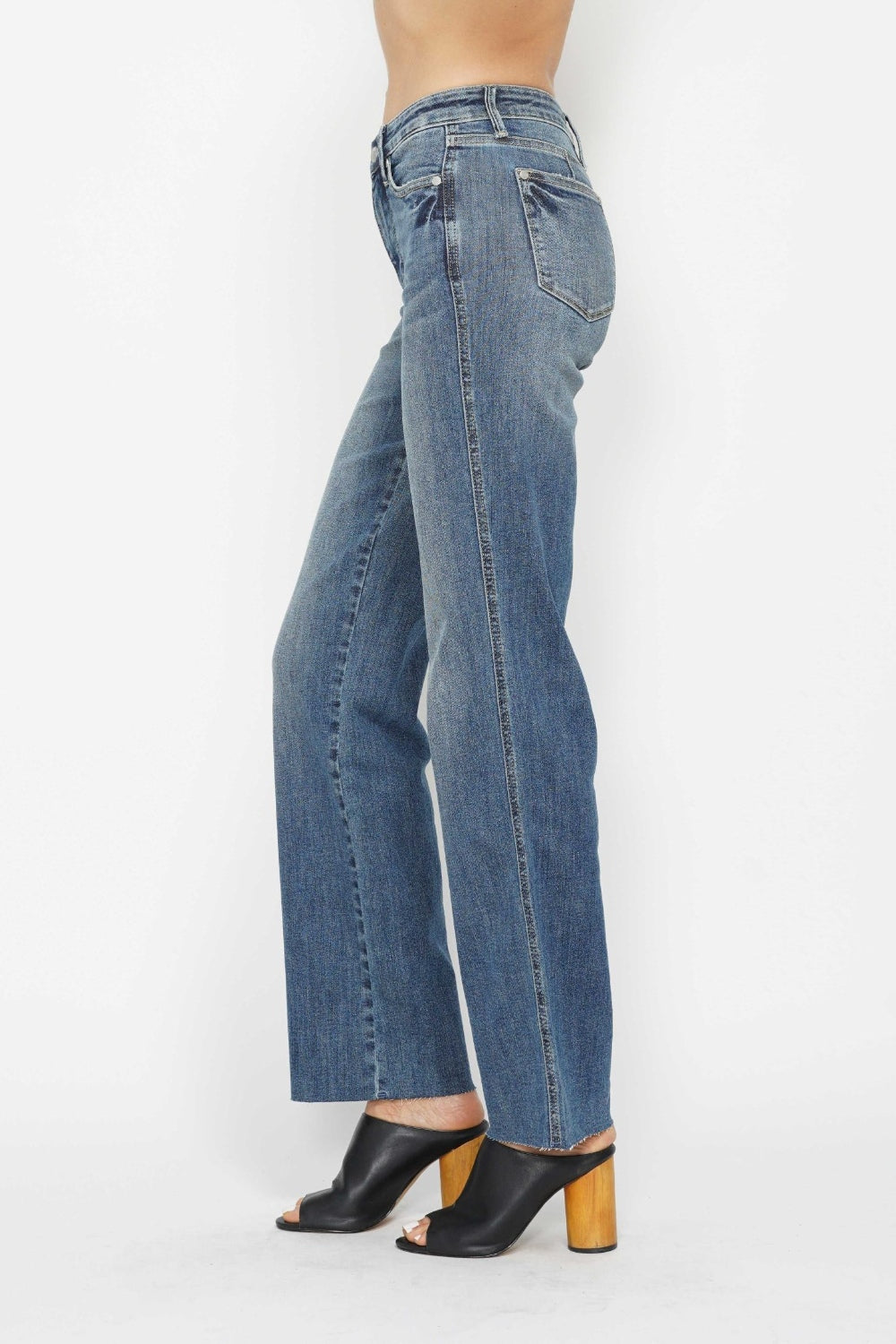 Side view of Judy Blue Tummy Control Straight Leg Jeans on model