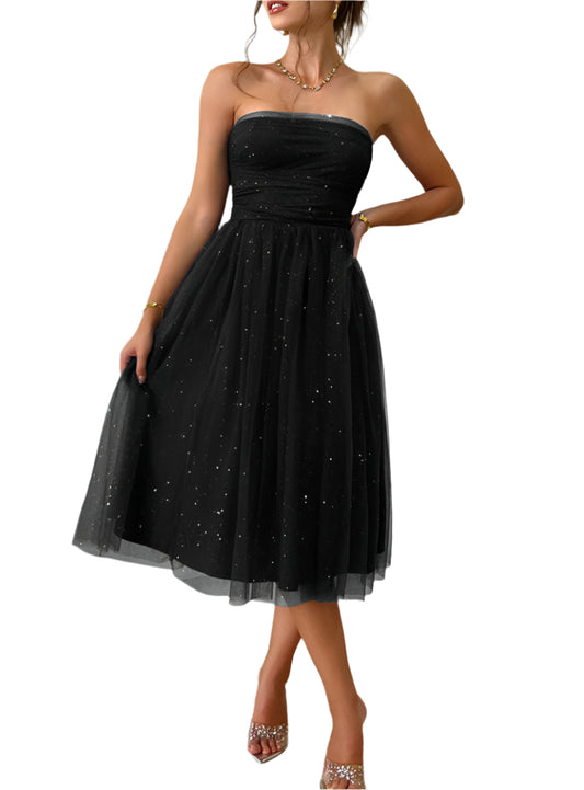 Strapless black tea-length dress with a high waist and romantic design.