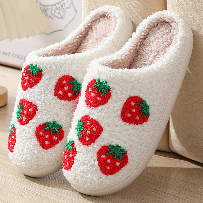 Strawberry-pattern plush slippers with embroidered red strawberries and fluffy lining
