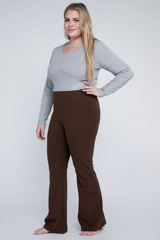 Full-length brown flare bottoms designed for a flattering fit.
