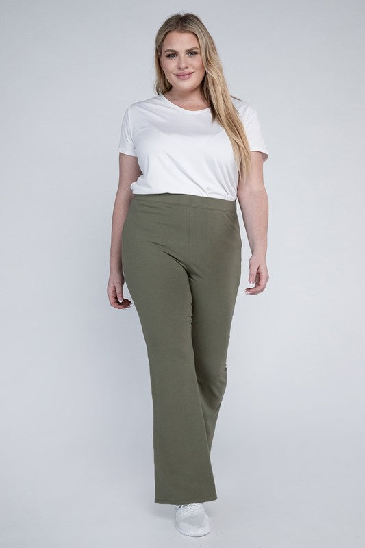 Full-length olive flare bottoms designed for a flattering fit.
