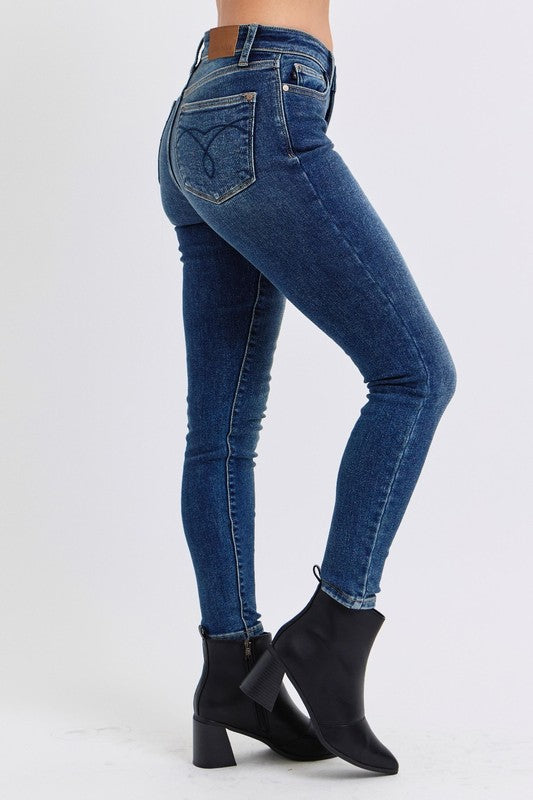 Dark wash skinny jeans with thermal lining for cooler days
