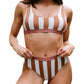 Front view of a striped high-waist bikini set in mocha and white.
