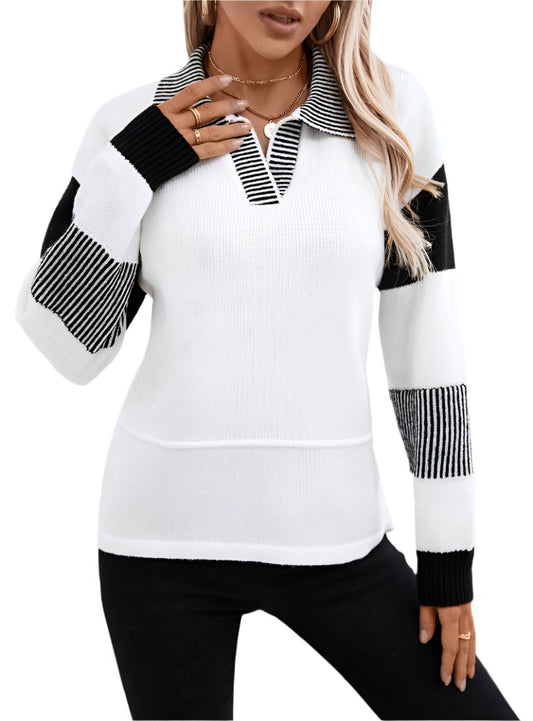 Striped Johnny collar drop shoulder sweater
