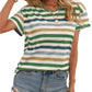 Green and blue striped t-shirt with a relaxed fit paired with denim shorts for a casual look