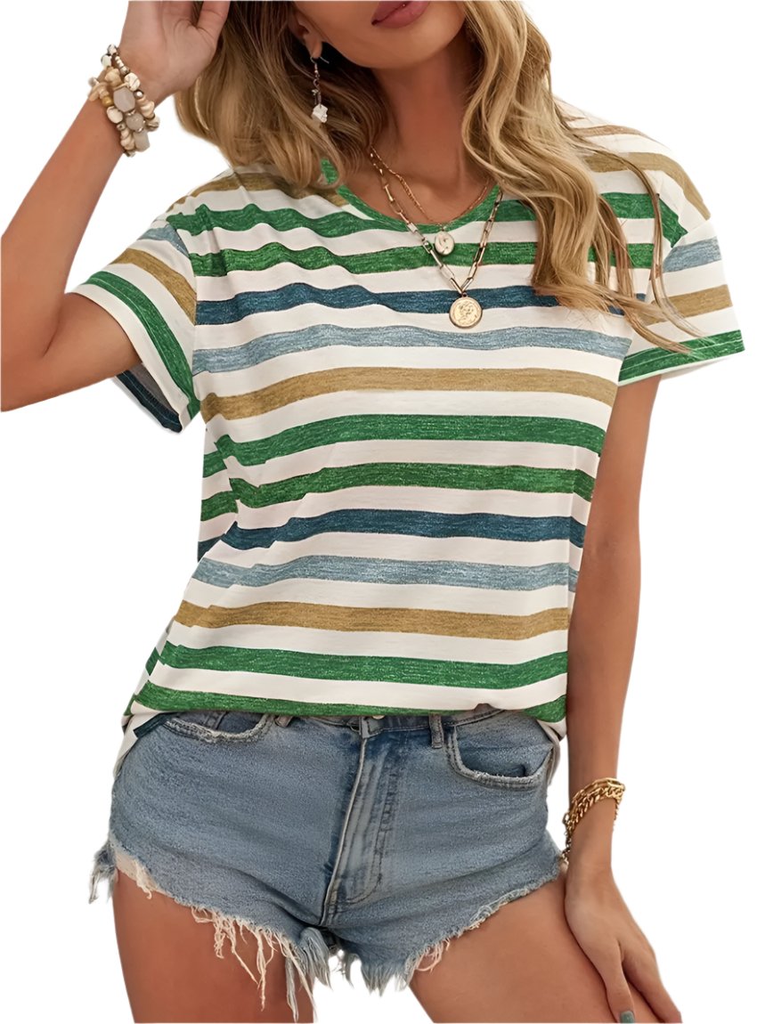 Green and blue striped t-shirt with a relaxed fit paired with denim shorts for a casual look