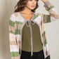 Olive tie-front cardigan with contrasting stripes, a wardrobe staple for any occasion.