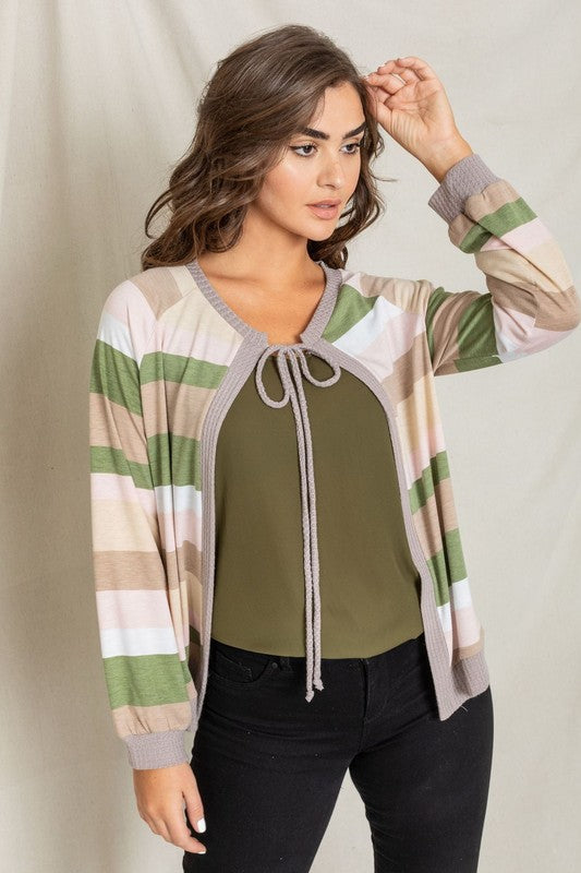 Olive tie-front cardigan with contrasting stripes, a wardrobe staple for any occasion.