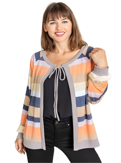 Vibrant orange cardigan with tie-front and bold stripes, ideal for casual wear.