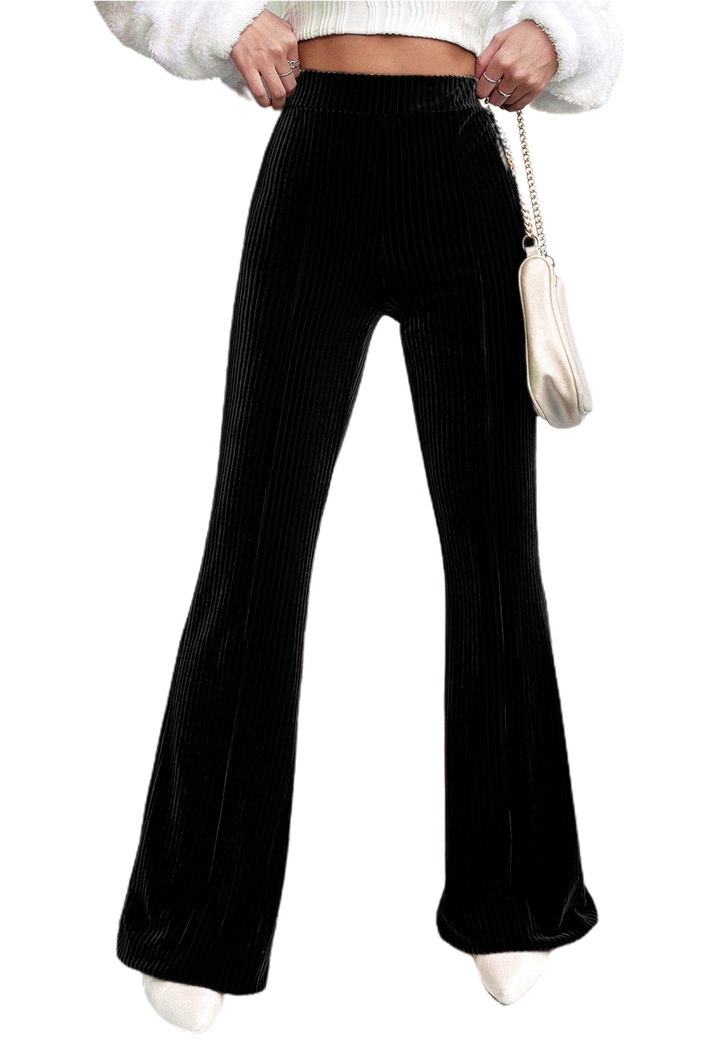 Comfortable and stretchy black corduroy pants for versatile styling.
